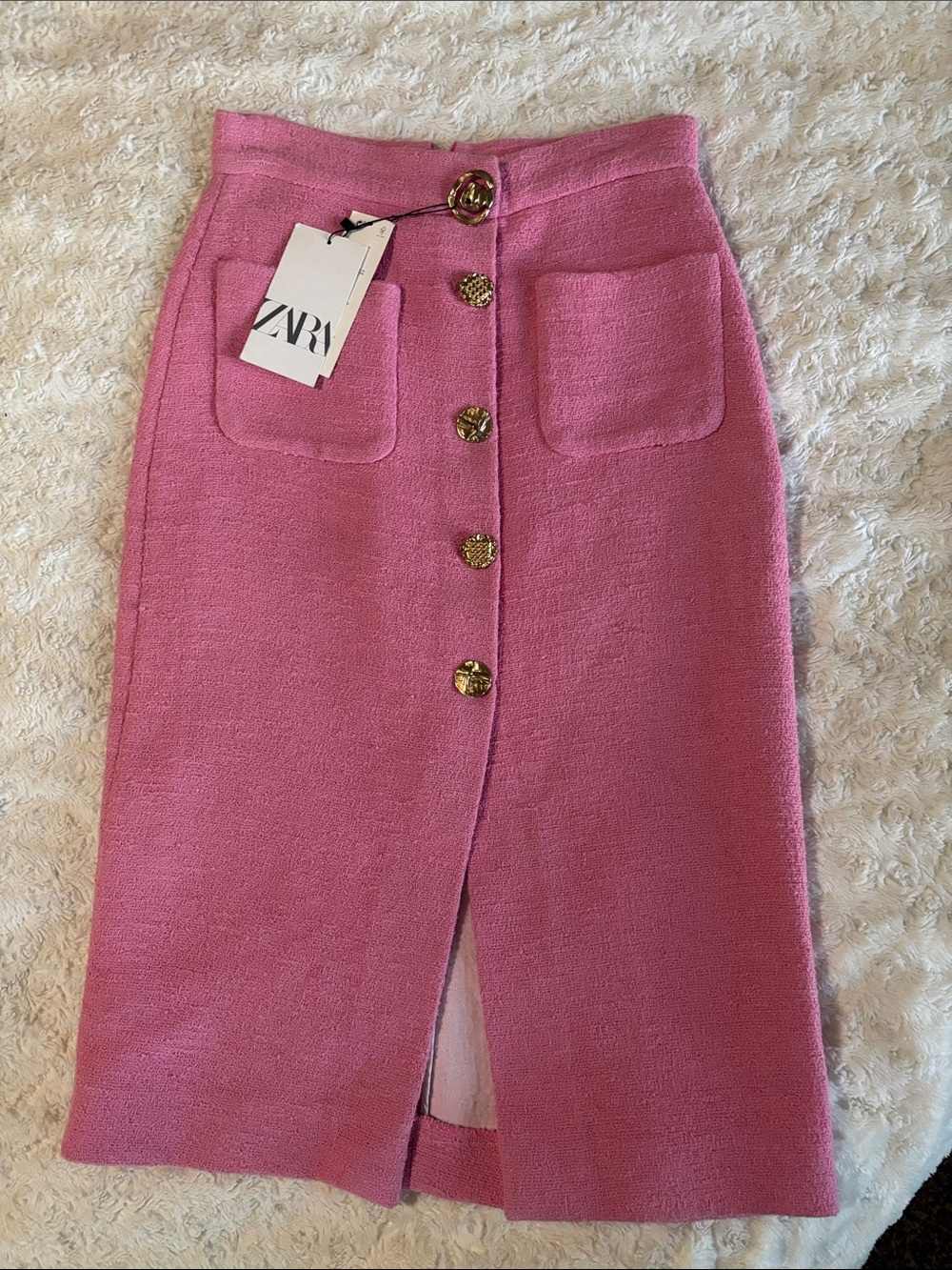 ZARA Pink Tweed Midi Skirt with Gold Buttons